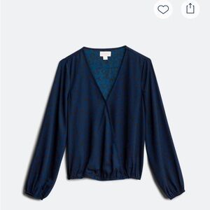 Navy Leopard Print V-Neck Long Sleeve Blouse